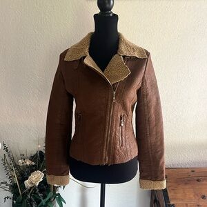 NWT Love Stitch Brown Faux Leather Jacket w/ Fur | Size M